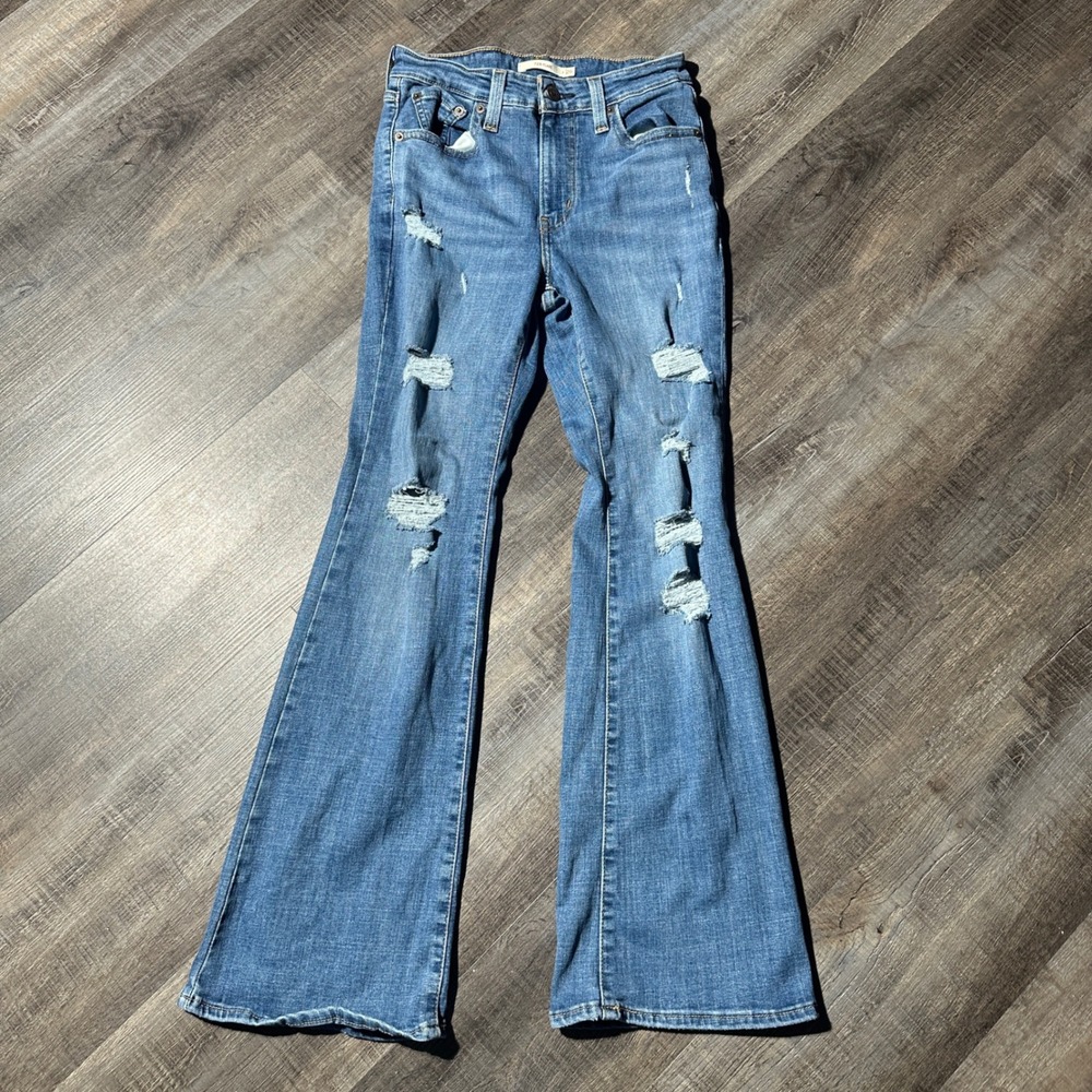 Levi's 726 High Rise Flare‎ Jeans Womens 26 Blue Distressed Ripped Denim Pants